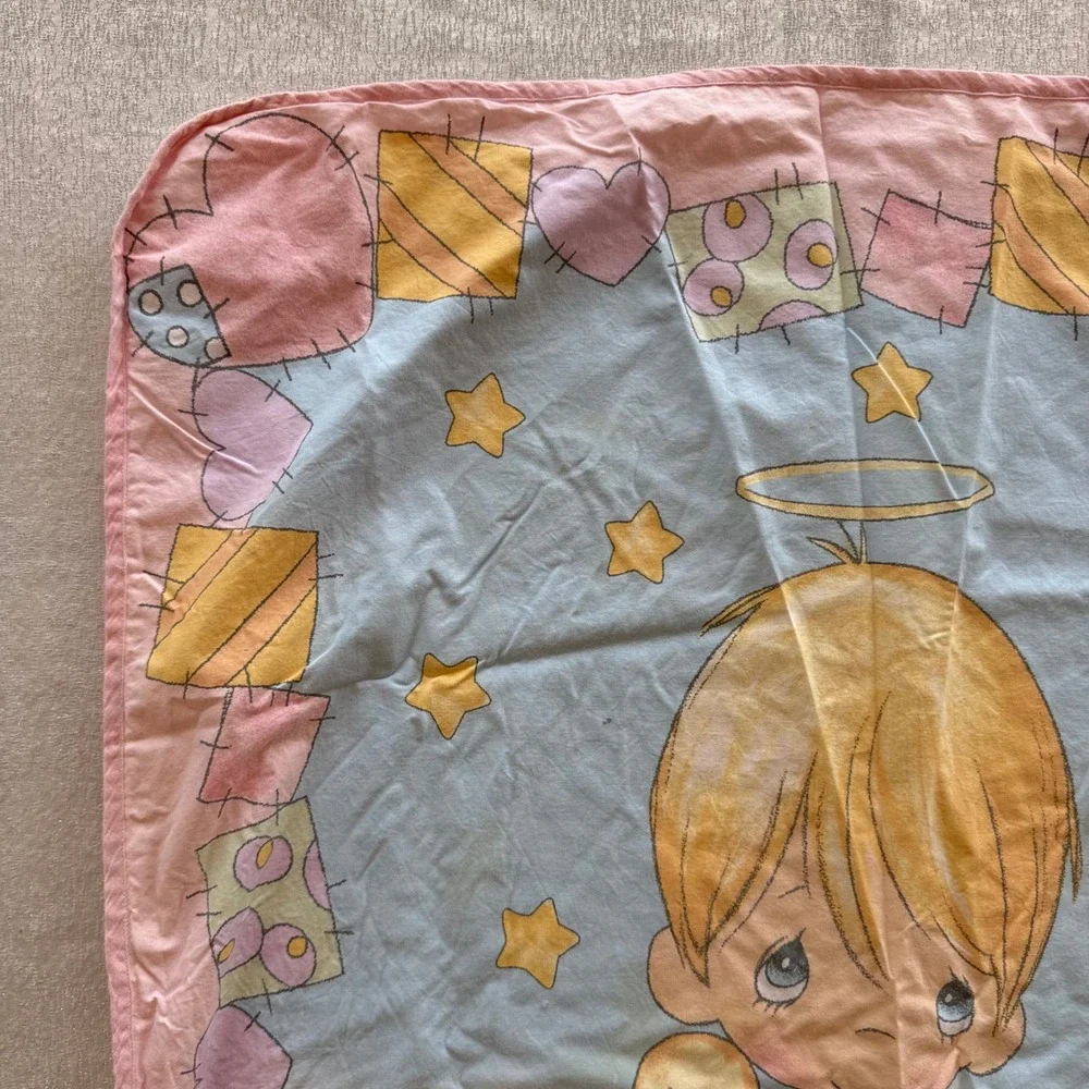 Vintage Precious Moments Baby Blanket 42x31 Pink Blue Stars Angel Boy
